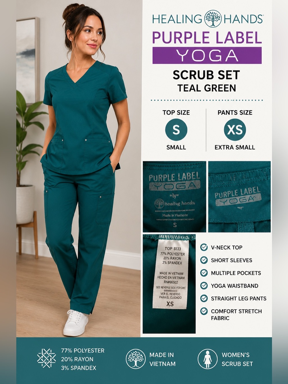 Healing Hands Purple Label Yoga Scrub Set Teal S Top XS Pants Stretch